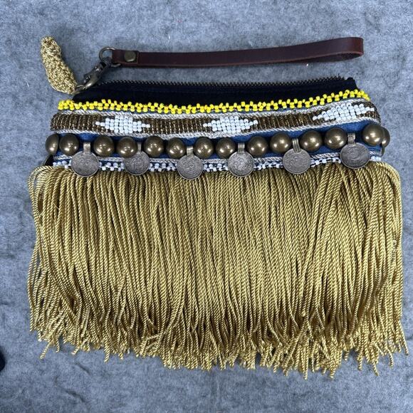Elliot Mann NY Indie Clutch Wristlet Beaded Gold Fringe Coins Boho Handcrafted - Picture 10 of 10
